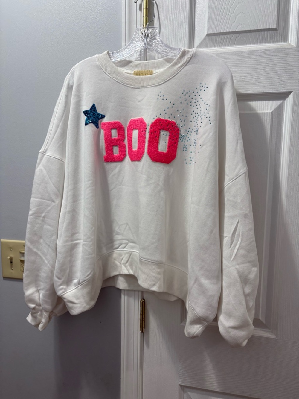 Judith March Boo Patch Crewneck Sweatshirt Size XL- Ghost Patch On Sleeve